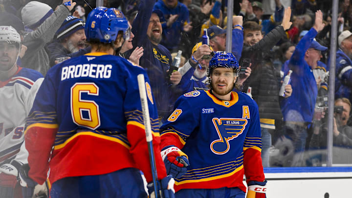 Dec 15, 2024; St. Louis, Missouri, USA;  St. Louis Blues center Robert Thomas (18) celebrates with defenseman Philip Broberg (6) after scoring against the New York Rangers during the second period at Enterprise Center. Mandatory Credit: Jeff Curry-Imagn Images