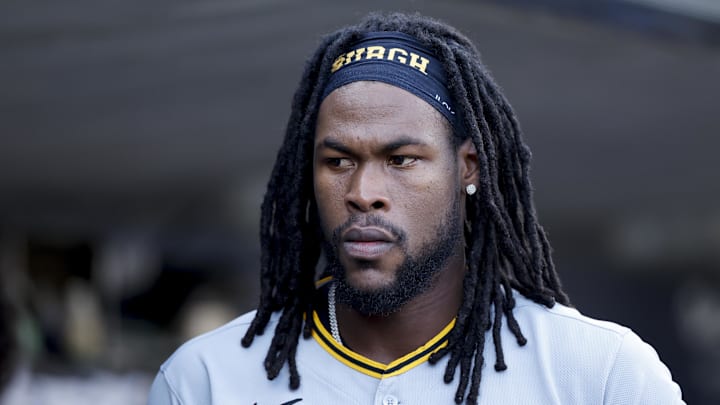 Jun 17, 2025; Detroit, Michigan, USA;  Pittsburgh Pirates outfielder Oneil Cruz (15) in the dugout before the game against the Detroit Tigers at Comerica Park. Mandatory Credit: Rick Osentoski-Imagn Images