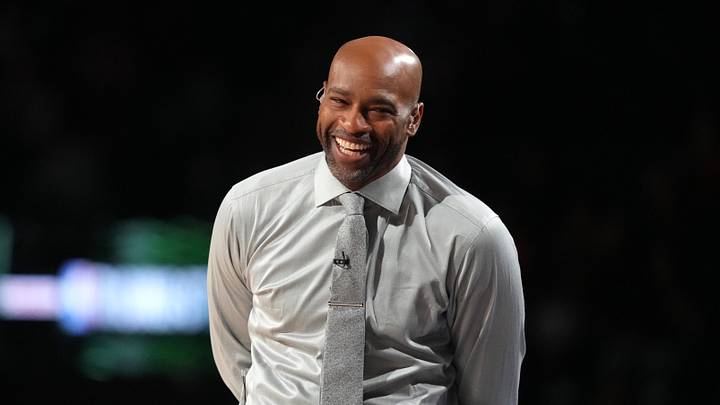 Feb 13, 2026; Inglewood, California, USA; Team Vince honorary coach Vince Carter looks on during an NBA All Star Rising Stars game at Intuit Dome. Mandatory Credit: Kirby Lee-Imagn Images