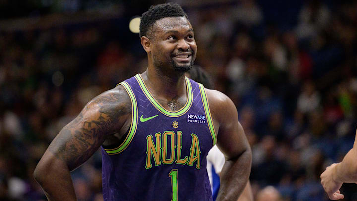 Mar 17, 2025; New Orleans, Louisiana, USA;  New Orleans Pelicans forward Zion Williamson (1) reacts during the first half against the Detroit Pistons at Smoothie King Center. Mandatory Credit: Matthew Hinton-Imagn Images