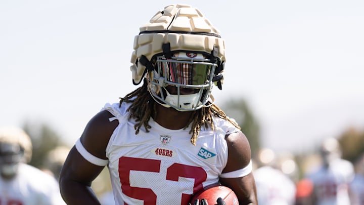 Jul 27, 2022; Santa Clara, CA, USA; San Francisco 49ers defensive lineman Kemoko Turay (53) warms up during Training Camp at the SAP Performance Facility near Levi Stadium.