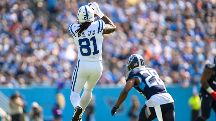 Oct 13, 2024; Nashville, Tennessee, USA;  Indianapolis Colts tight end Mo Alie-Cox (81) makes a catch over the middle against the Tennessee Titans during the first half at Nissan Stadium. Mandatory Credit: Steve Roberts-Imagn Images