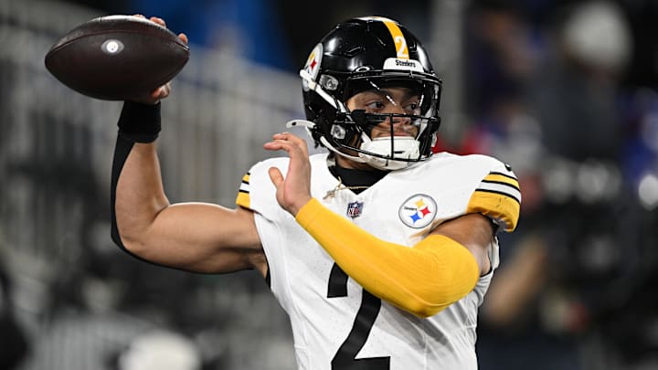 Jan 11, 2025; Baltimore, Maryland, USA; Pittsburgh Steelers quarterback Justin Fields (2) warms up before an AFC wild card game against the Baltimore Ravens at M&T Bank Stadium. Mandatory Credit: Tommy Gilligan-Imagn Images