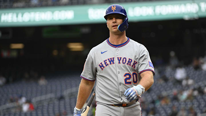 Aug 21, 2025; Washington, District of Columbia, USA; New York Mets first baseman Pete Alonso (20) reacts after striking out against the Washington Nationals during the first inning at Nationals Park. Mandatory Credit: Brad Mills-Imagn Images