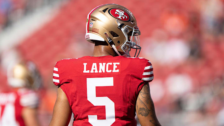 Aug 19, 2023; Santa Clara, California, USA;  San Francisco 49ers quarterback Trey Lance (5) before