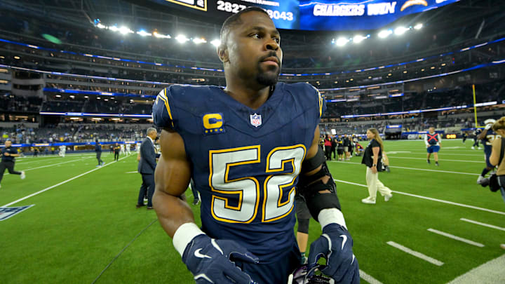 Oct 23, 2025; Inglewood, California, USA;  Los Angeles Chargers outside linebacker Khalil MacK (52) as he leaves the field following the game against the Minnesota Vikings at SoFi Stadium. Mandatory Credit: Jayne Kamin-Oncea-Imagn Images