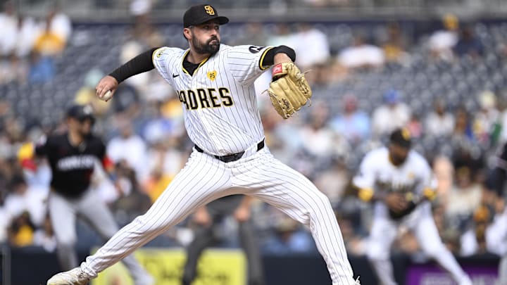 Aug 21, 2024; San Diego, California, USA; San Diego Padres starting pitcher Matt Waldron (61) pitches against the Minnesota Twins during the first inning at Petco Park. Mandatory Credit: Orlando Ramirez-Imagn Images