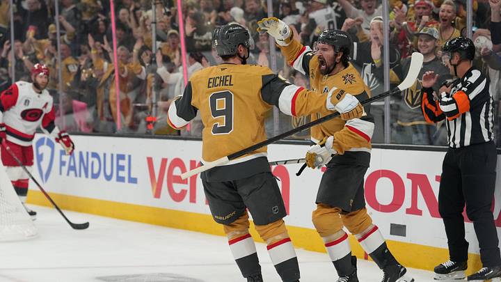 Jun 9, 2026; Las Vegas, Nevada, USA; Vegas Golden Knights right wing Mark Stone (61) celebrates with center Jack Eichel (9) after scoring against the Carolina Hurricanes during the 1st period in game four of the 2026 Stanley Cup Final at T-Mobile Arena. Mandatory Credit: Lucas Peltier-Imagn Images