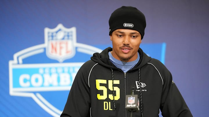 Clemson defensive lineman TJ Parker speaks during the NFL Scouting Combine at the Indiana Convention Center.