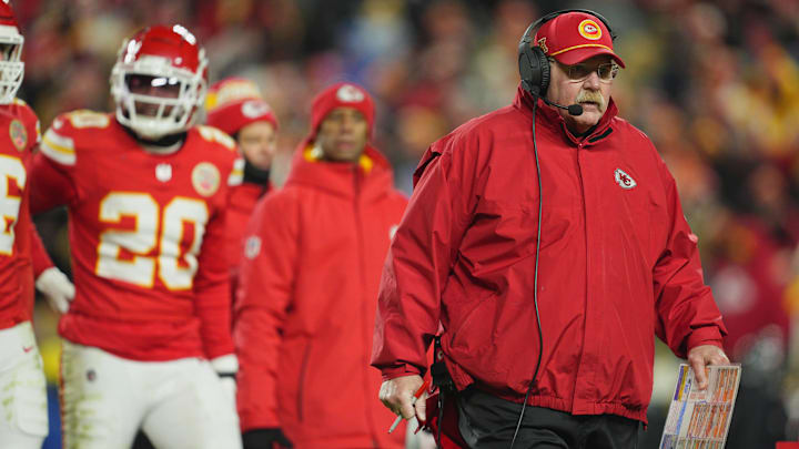 Jan 18, 2025; Kansas City, Missouri, USA; Kansas City Chiefs head coach Andy Reid looks on during the fourth quarter of a 2025 AFC divisional round game against the Houston Texans at GEHA Field at Arrowhead Stadium. Mandatory Credit: Jay Biggerstaff-Imagn Images