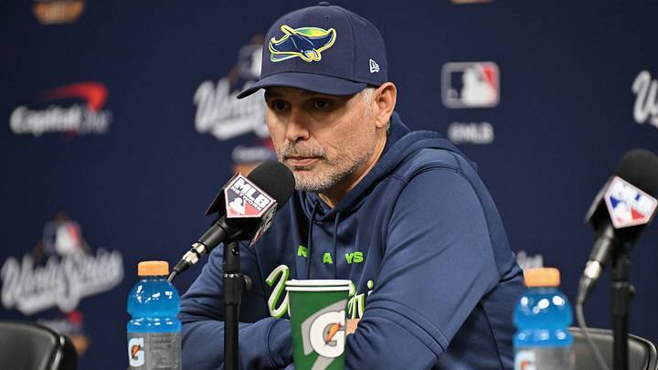 Oct 26, 2026; St. Petersburg, Florida, USA; Tampa Bay Rays manager Kevin Cash (16) speaks to the media during a press conference after game three of the 2026 World Series against the Milwaukee Brewers at Tropicana Field. Mandatory Credit: Jonathan Dyer-Imagn Images Oct 26, 2026; St. Petersburg, Florida, USA; Tampa Bay Rays manager Kevin Cash (16) speaks to the media during a press conference after game three of the 2026 World Series against the Milwaukee Brewers at Tropicana Field. Mandatory Credit: Jonathan Dyer-Imagn Images