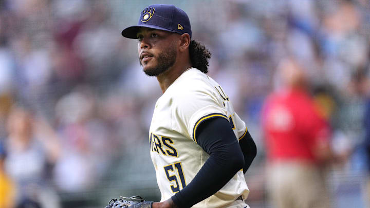 Milwaukee Brewers pitcher Freddy Peralta (51) walks out to the mound before their game against the Texas RangersMonday, June 24, 2024, at American Family Field in Milwaukee, Wis.