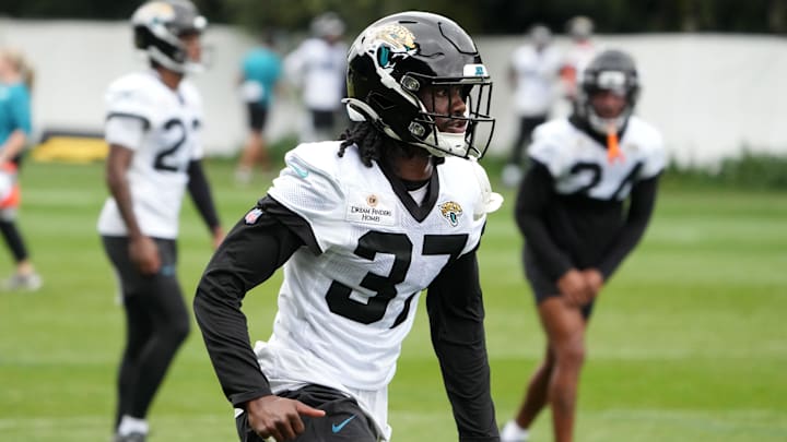 Oct 16, 2024; Watford, United Kingdom; Jacksonville Jaguars cornerback Tre Flowers (37) during practice at The Grove. Mandatory Credit: Kirby Lee-Imagn Images