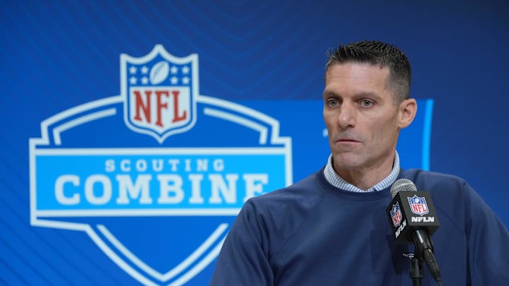 Feb 27, 2025; Indianapolis, IN, USA; Houston Texans general manager Nick Caserio speaks during the 2025 NFL Scouting Combine at the Indiana Convention Center. Mandatory Credit: Kirby Lee-Imagn Images