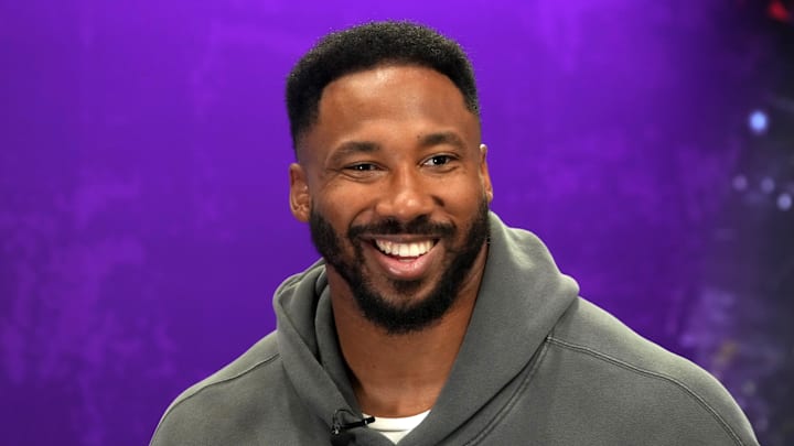 Feb 5, 2025; New Orleans, LA, USA; Cleveland Browns defensive end Myles Garrett on radio row at the Super Bowl LIX media center at the Ernest N. Morial Convention Center. Mandatory Credit: Kirby Lee-Imagn Images