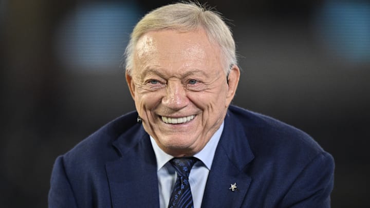 Nov 3, 2025; Arlington, Texas, USA; Dallas Cowboys owner Jerry Jones talks before the game against the Arizona Cardinals at AT&T Stadium. Mandatory Credit: Jerome Miron-Imagn Images