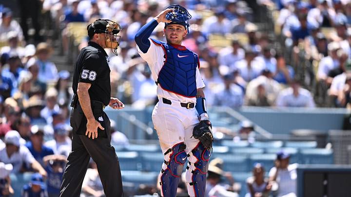 Jun 7, 2026; Los Angeles, California, USA; Los Angeles Dodgers catcher Dalton Rushing (68) and home plate umpire Dan Iassogna (58) exchange words after a walk by the Los Angeles Angels during the fifth inning at Dodger Stadium. Mandatory Credit: William Liang-Imagn Images Jun 7, 2026; Los Angeles, California, USA; Los Angeles Dodgers catcher Dalton Rushing (68) and home plate umpire Dan Iassogna (58) exchange words after a walk by the Los Angeles Angels during the fifth inning at Dodger Stadium. Mandatory Credit: William Liang-Imagn Images