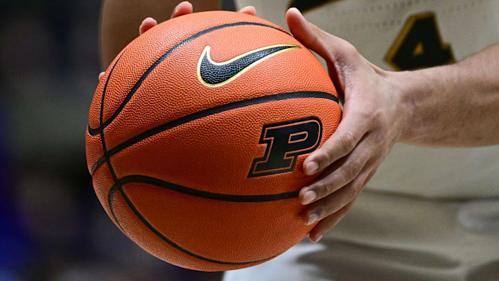 A Purdue logo basketball shot during a free throw attempt. A Purdue logo basketball shot during a free throw attempt.