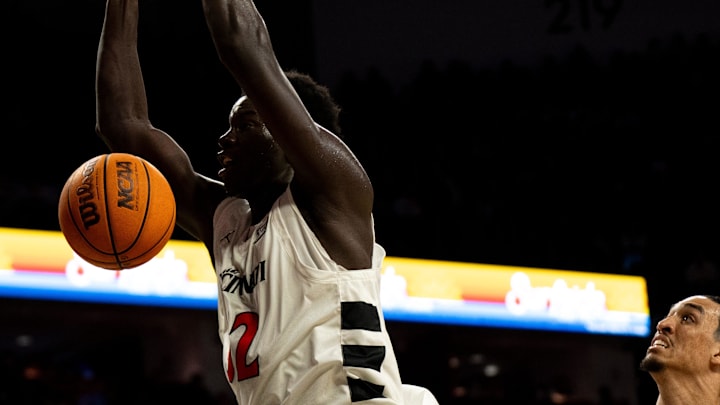 Cincinnati Bearcats center Moustapha Thiam (52) dunks in the second half of the NCAA basketball game against the Georgia State Panthers at Fifth Third Arena in Cincinnati on Nov. 7, 2025.