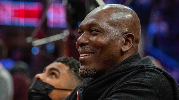 February 19, 2022; Cleveland, OH, USA; NBA great Hakeem Olajuwon during the Slam Dunk Contest during the 2022 NBA All-Star Saturday Night at Rocket Mortgage Field House.