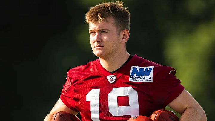 Washington Commanders kicker Drew Stevens (#19) looks on during a training camp practice session in Ashburn, VA. Washington Commanders kicker Drew Stevens (#19) looks on during a training camp practice session in Ashburn, VA.