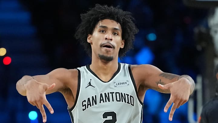 Dec 16, 2025; Las Vegas, Nevada, USA; San Antonio Spurs guard Dylan Harper (2) reacts against the New York Knicks in the second half during the Emirates NBA Cup Final at T-Mobile Arena. Mandatory Credit: Kirby Lee-Imagn Images