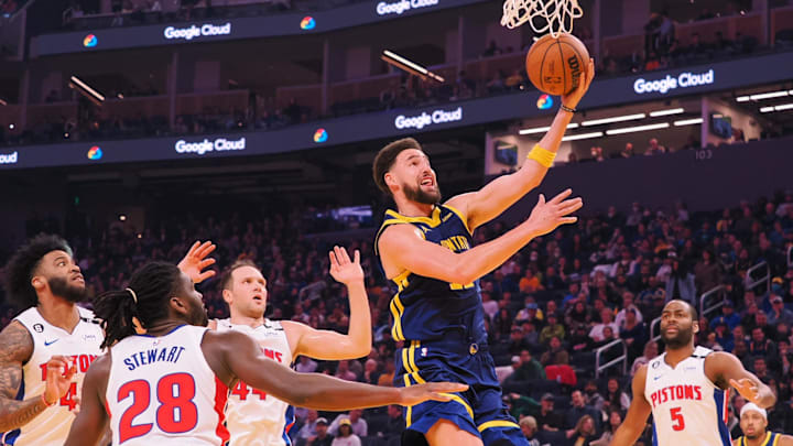 Jan 4, 2023; San Francisco, California, USA; Golden State Warriors guard Klay Thompson (11) scores a