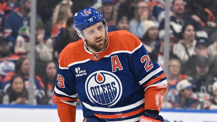 Dec 21, 2025; Edmonton, Alberta, CAN; Edmonton  Oilers center Leon Draisaitl (29) is seen out on the ice as the Edmonton Oilers take on the Vegas Golden Knights during the first period at Rogers Place. Mandatory Credit: Walter Tychnowicz-Imagn Images