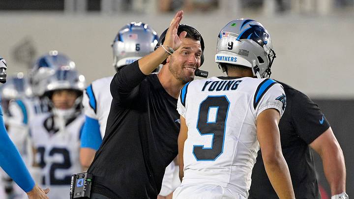Aug 21, 2026; Jacksonville, Florida, USA; Carolina Panthers head coach Dave Canales celebrates with quarterback Bryce Young (9) during the first quarter of the preseason game against the Jacksonville Jaguars at EverBank Stadium. Mandatory Credit: Melina Myers-Imagn Images Aug 21, 2026; Jacksonville, Florida, USA; Carolina Panthers head coach Dave Canales celebrates with quarterback Bryce Young (9) during the first quarter of the preseason game against the Jacksonville Jaguars at EverBank Stadium. Mandatory Credit: Melina Myers-Imagn Images