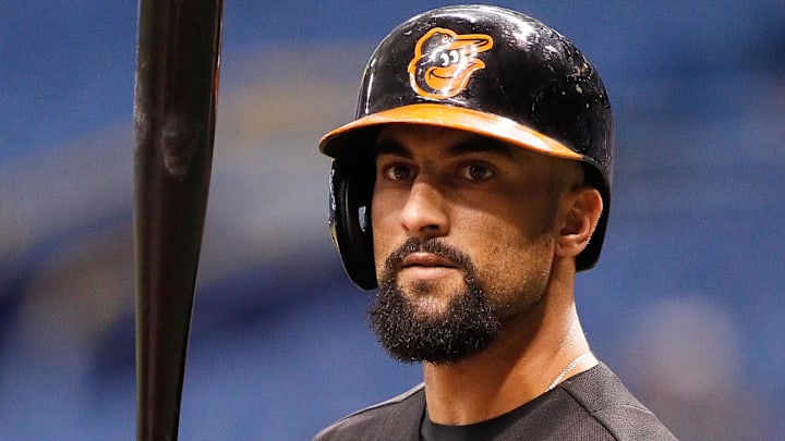 Sep 5, 2014; St. Petersburg, FL, USA; Baltimore Orioles right fielder Nick Markakis (21) at bat against the Tampa Bay Rays at Tropicana Field