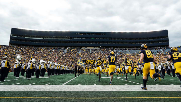 Michigan football players take the field before the first half against Rutgers at Michigan Stadium in Ann Arbor on Saturday, Sept. 25, 2021.
michigan football big house Michigan football players take the field before the first half against Rutgers at Michigan Stadium in Ann Arbor on Saturday, Sept. 25, 2021.
michigan football big house