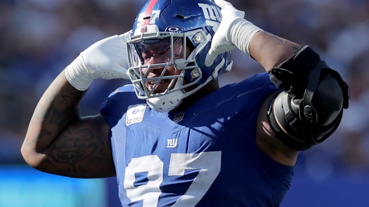 Sep 28, 2025; East Rutherford, New Jersey, USA; New York Giants defensive tackle Dexter Lawrence (97) reacts during the fourth quarter against the Los Angeles Chargers at MetLife Stadium. Mandatory Credit: Brad Penner-Imagn Images
