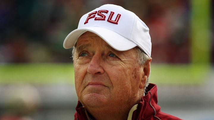 KELLY JORDAN/The Times-Union--010110--Legendary Florida State University football coach Bobby Bowden looks up at the replay screen during his final game against West Virginia at Jacksonville Municipal Stadium for the Gator Bowl Friday January 1, 2010.(The Florida Times-Union, Kelly Jordan)