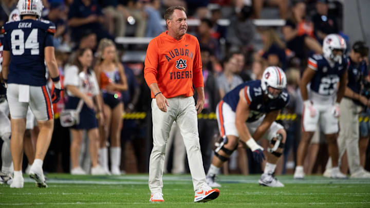 Auburn Tigers head coach Hugh Freeze walks the field during warm ups before Auburn Tigers take on Missouri Tigers at Jordan-Hare Stadium in Auburn, Ala. on Saturday, Oct. 18, 2025.