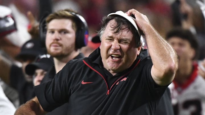 Sep 28, 2024; Tuscaloosa, Alabama, USA;  Georgia Bulldogs head coach Kirby Smart celebrates after a successful two point conversion against the Alabama Crimson Tide at Bryant-Denny Stadium. Alabama defeated Georgia 41-34. Mandatory Credit: Gary Cosby Jr.-Imagn Images