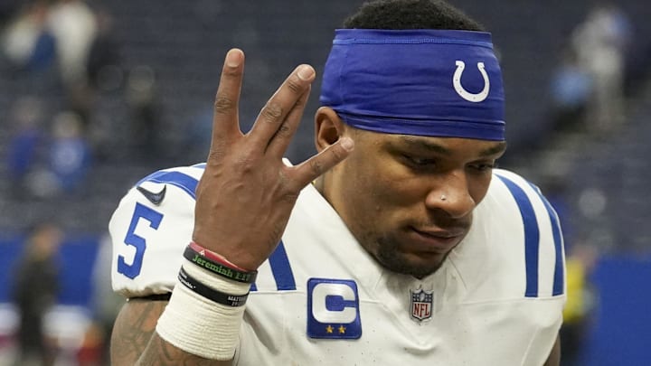 Dec 22, 2024; Indianapolis, Indiana, USA; Indianapolis Colts quarterback Anthony Richardson (5) celebrates as he leaves the field Sunday, Dec. 22, 2024, after winning a game against the Tennessee Titans at Lucas Oil Stadium. Mandatory Credit: Christine Tannous/USA Today Network via Imagn Images Dec 22, 2024; Indianapolis, Indiana, USA; Indianapolis Colts quarterback Anthony Richardson (5) celebrates as he leaves the field Sunday, Dec. 22, 2024, after winning a game against the Tennessee Titans at Lucas Oil Stadium. Mandatory Credit: Christine Tannous/USA Today Network via Imagn Images