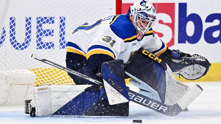 Sep 28, 2023; Chicago, Illinois, USA; St. Louis Blues goaltender Will Cranley (31) defends the net against the Chicago Blackhawks at United Center. Mandatory Credit: Jamie Sabau-Imagn Images Sep 28, 2023; Chicago, Illinois, USA; St. Louis Blues goaltender Will Cranley (31) defends the net against the Chicago Blackhawks at United Center. Mandatory Credit: Jamie Sabau-Imagn Images