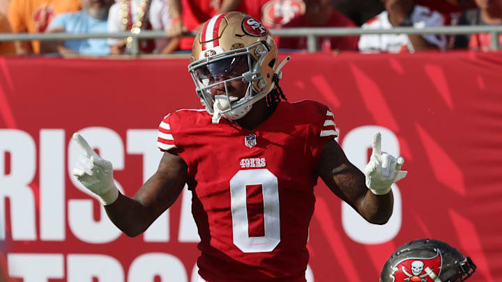 Nov 10, 2024; Tampa, Florida, USA; San Francisco 49ers cornerback Renardo Green (0) celebrates after he breaks up Tampa Bay Buccaneers wide receiver Ryan Miller (81) catch during the second half at Raymond James Stadium. Mandatory Credit: Kim Klement Neitzel-Imagn Images