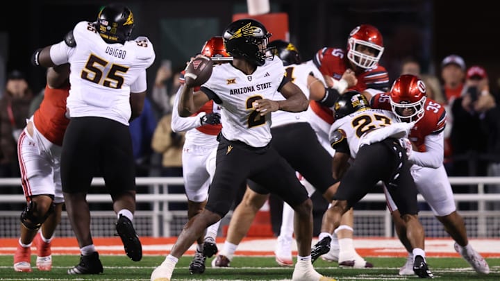Oct 11, 2025; Salt Lake City, Utah, USA; Arizona State Sun Devils quarterback Jeff Sims (2) throws the ball against the Utah Utes during the fourth quarter at Rice-Eccles Stadium. Mandatory Credit: Rob Gray-Imagn Images