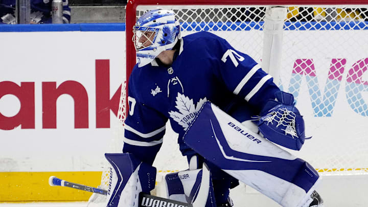Sep 27, 2025; Toronto, Ontario, CAN; Toronto Maple Leafs goaltender Artur Akhtyamov (70) defends the goal during the third period against the Montreal Canadiens at Scotiabank Arena. Mandatory Credit: John E. Sokolowski-Imagn Images