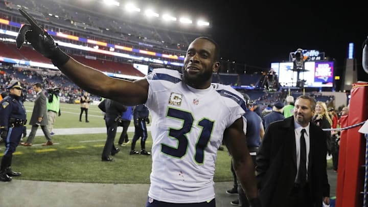 Nov 13, 2016; Foxborough, MA, USA; Seattle Seahawks strong safety Kam Chancellor (31) exits the field after the game against the New England Patriots at Gillette Stadium. Seattle Seahawks defeated the Patriots 31-24. Mandatory Credit: David Butler II-Imagn Images