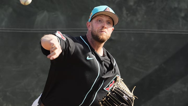 Arizona Diamondbacks pitcher Merrill Kelly (29) during spring training workouts on Feb. 10, 2026, at Salt River Fields in Scottsdale.