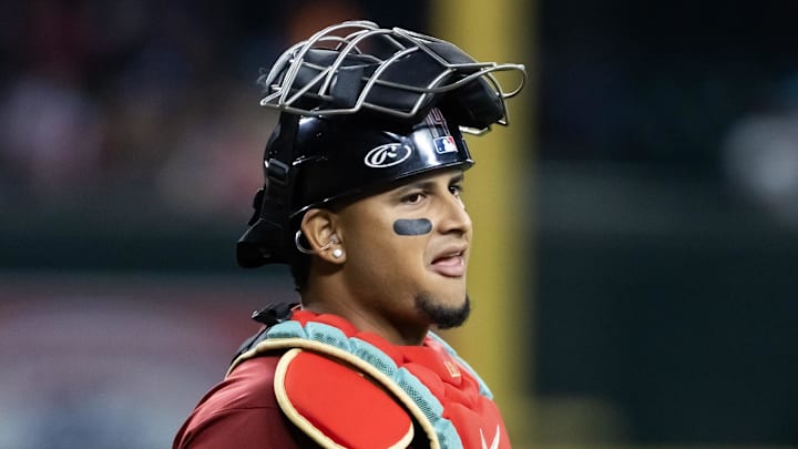 Sep 7, 2025; Phoenix, Arizona, USA; Arizona Diamondbacks catcher Gabriel Moreno against the Boston Red Sox at Chase Field. Mandatory Credit: Mark J. Rebilas-Imagn Images Sep 7, 2025; Phoenix, Arizona, USA; Arizona Diamondbacks catcher Gabriel Moreno against the Boston Red Sox at Chase Field. Mandatory Credit: Mark J. Rebilas-Imagn Images
