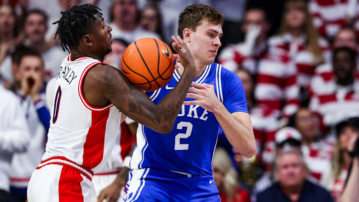 Arizona Wildcats guard Jaden Bradley (0) steals the ball from Duke Blue Devils forward Cooper Flagg (2) during a game earlier this season.