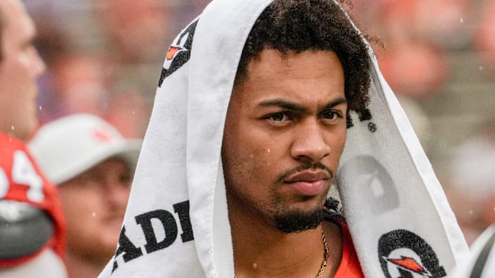 Clemson wide receiver Antonio Williams(0) watches the Tigers play Troy from the sidelines during the second quarter at Memorial Stadium in Clemson, S.C. Saturday, September 6, 2025.