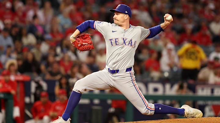 Sep 28, 2024; Anaheim, California, USA;  Texas Rangers starting pitcher Andrew Heaney (44) pitches during the first inning against the Los Angeles Angels at Angel Stadium. Mandatory Credit: Kiyoshi Mio-Imagn Images