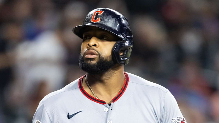 Aug 19, 2025; Phoenix, Arizona, USA; Cleveland Guardians first baseman Carlos Santana against the Arizona Diamondbacks at Chase Field. Mandatory Credit: Mark J. Rebilas-Imagn Images