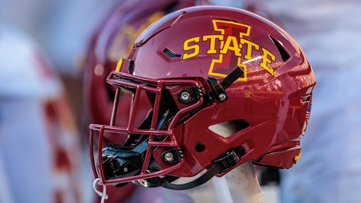 Nov 9, 2024; Kansas City, Missouri, USA; Iowa State Cyclones helmets on the bench during the first quarter against the Kansas Jayhawks at GEHA Field at Arrowhead Stadium. Mandatory Credit: William Purnell-Imagn Images