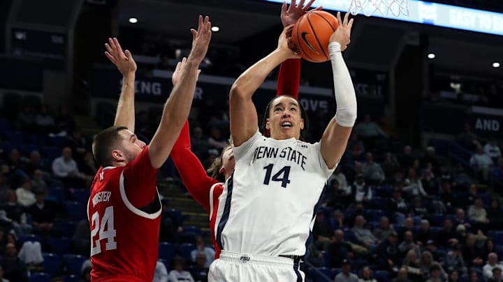 Penn State Nittany Lions forward Yanic Konan Niederhauser (14) drives the ball to the basket during the first half against the Nebraska Cornhuskers at Bryce Jordan Center. 