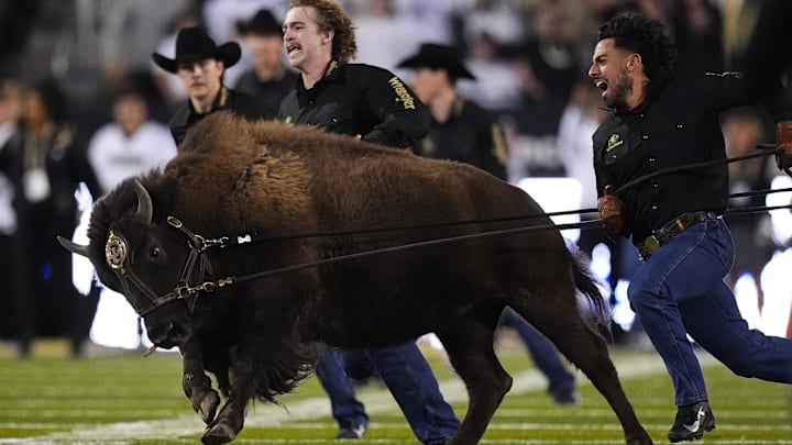 Sep 20, 2025; Boulder, Colorado, USA; Colorado Buffaloes mascot Ralphie VII runs at half time against the Wyoming Cowboys at Folsom Field. Mandatory Credit: Ron Chenoy-Imagn Images